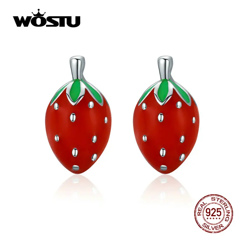 

WOSTU Strawberry Red Stud Earrings 100% 925 Sterling Silver Fashion Earrings For Women 2019 Statement Small Earrings CQE626