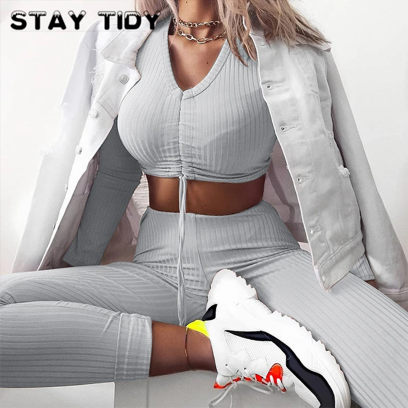 

STAY TIDY Gray Knitted Women 2 Piece Set Lace Up Drawstring Crop Top And High Waist Skinny Pant Fashion Autumn Winter Streetwear