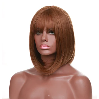 Element Synthetic Straight Brown Bob Wigs with Bangs Medium Shoulder Length Heat Resistant Fiber Wig for White/Black Women medium side parting straight bob synthetic wig