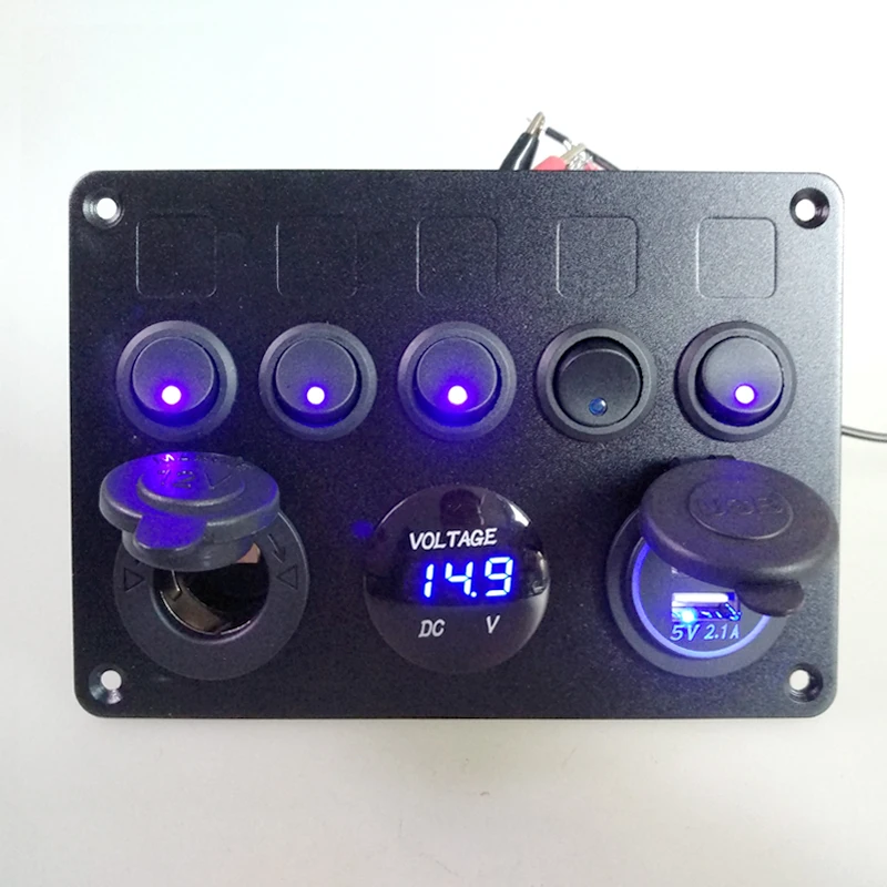 Caixa de Fusível Inline Gang Azul Rocker Switch Painel Voltímetro Dupla Usb Carregador Tomada 12 v 24 Veículo Iate Navio Carro Barco Marinho 5 Led 16 led rocker switch painel voltímetro dupla usb