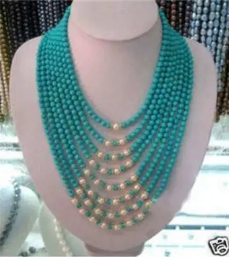 

N3392 Beautiful 8row 6mm turquoise white pearl necklace 17-22 N Discount NEW