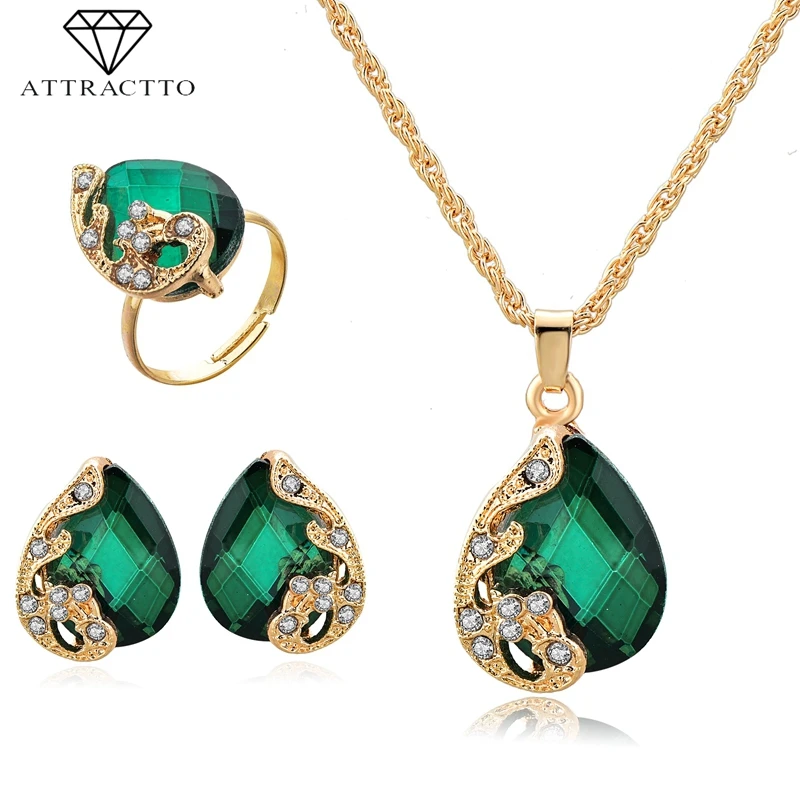 

ATTRACTTO Fashion Wedding Water Drop Necklace Earrings Ring Sets For Bridal Elegant Lady's Luxury Suits Jewelry Set SET190006