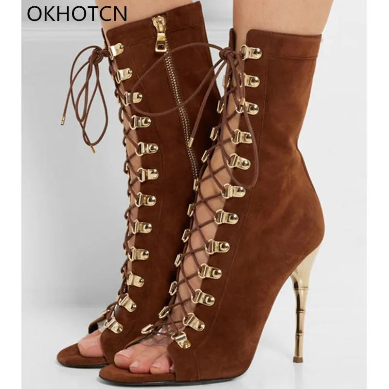 

Rome Suede Upper Ankle Boots For Women Corss Tied Peep Toe Fashion Gold Bamboo Knot Heel T Show Shoes Woman Gladiators Sandals
