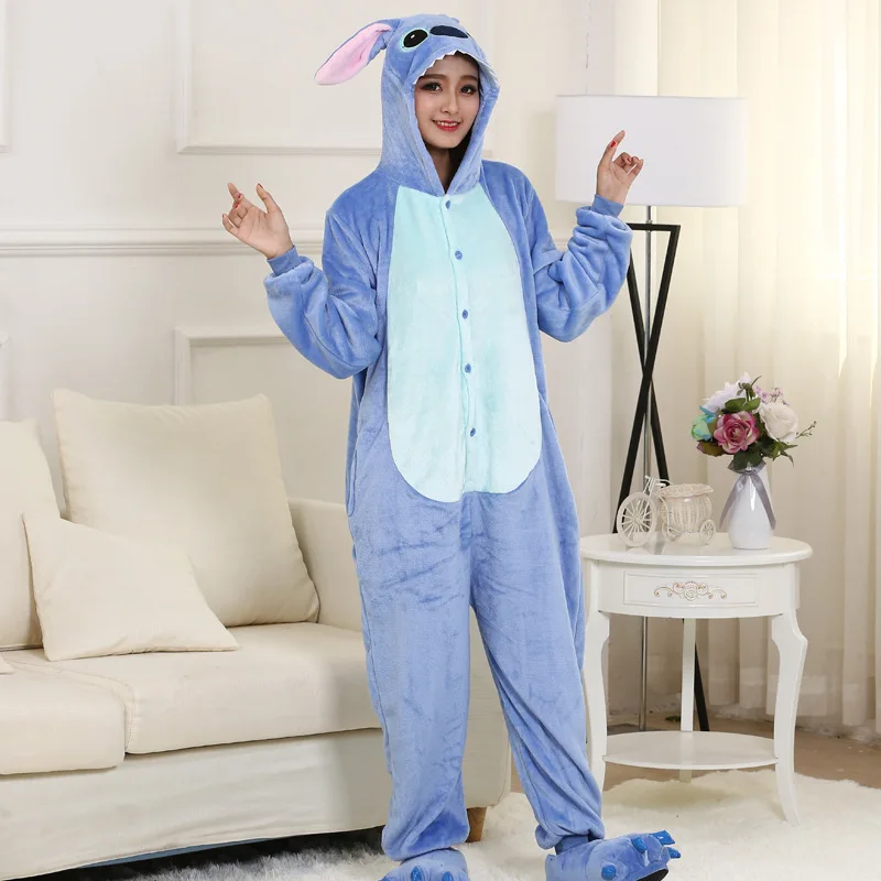 Stitch Kigurumis Thicken Warm Soft Onesie Cartoon Pajama Adult Couple Women Men Overalls Sleepwear Winter Animal Blue Rose Suit