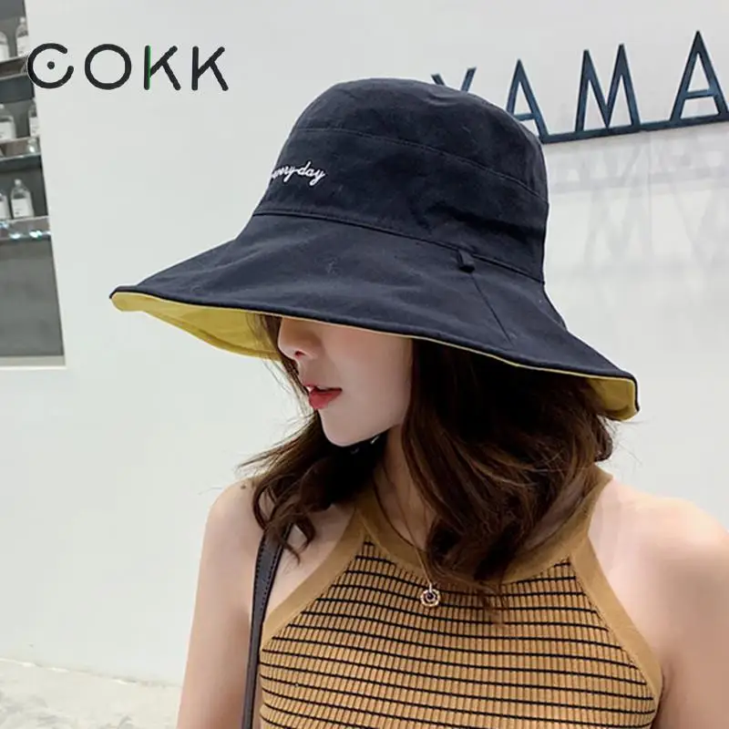 COKK, женская шляпа от солнца, летние шляпы для женщин, Дамская пляжная шляпа с большим козырьком, с рисунком улыбки, Панама, кепка, складная, для улицы, Солнцезащитная шляпа, Новинка