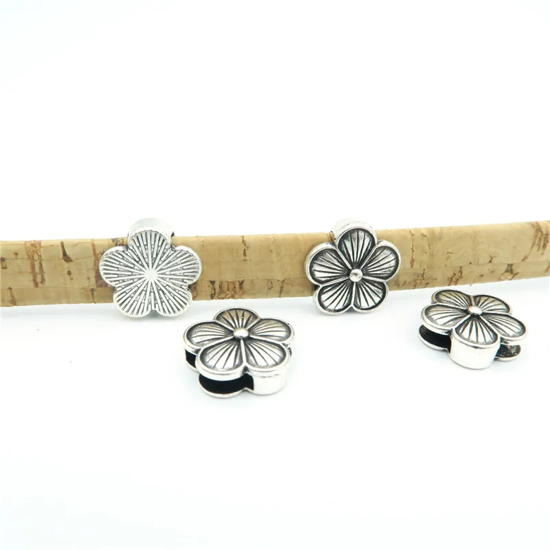 

10pcs For 10mm flat leather Antique Brass/silver flower slider flower beads , 10 mm flat finding, leather supplies D-1-10-34