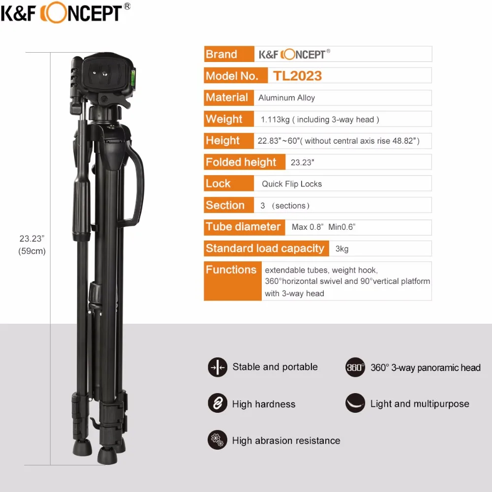 K& F CONCEPT TL2023 легкий портативный штатив для камеры, Выдвижной Штатив для путешествий, Трипод из алюминиевого сплава для SLR DSLR камеры