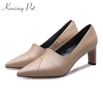 

Krazing pot cow leather pointed toe thin high heels slip on gladiator Korean movie star office lady graceful elegant pumps L26