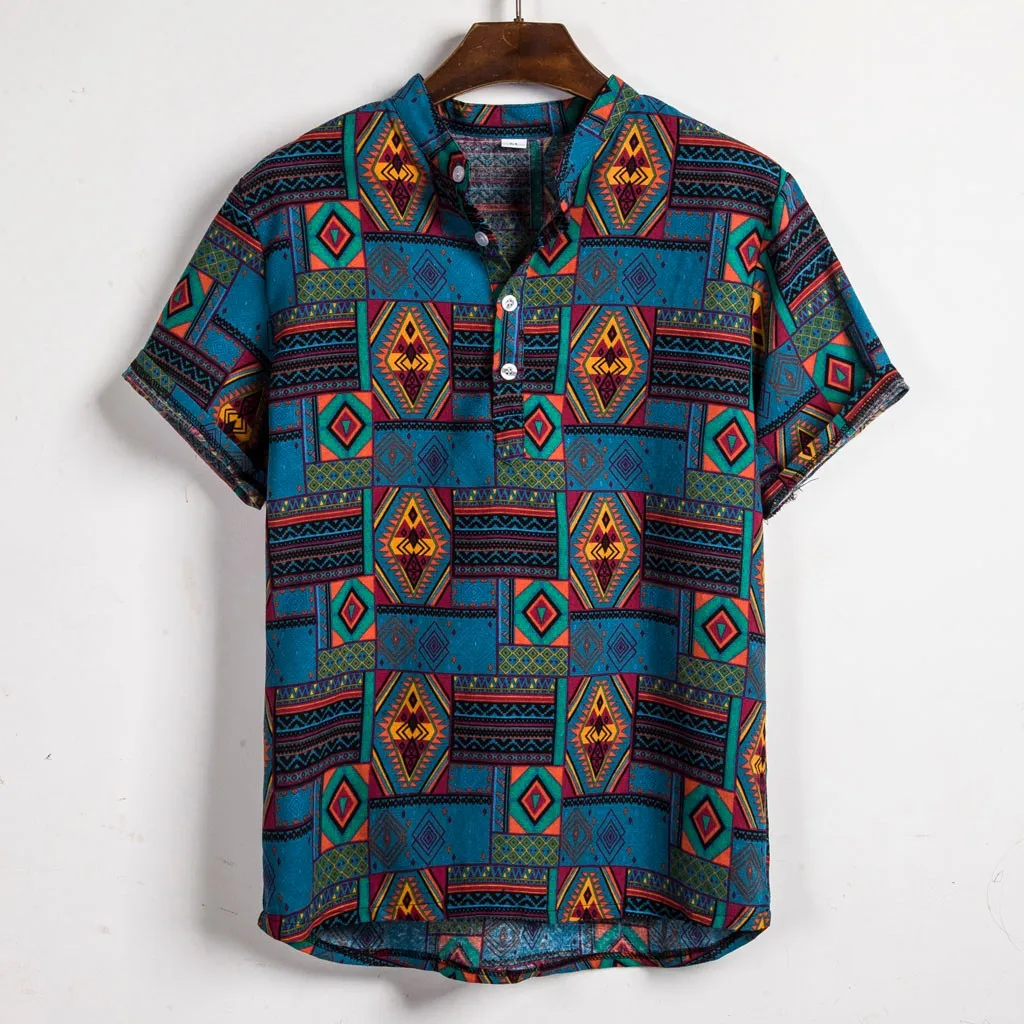 Camisa мужская гавайская рубашка летняя Этническая рубашка с коротким рукавом Повседневная хлопковая льняная рубашка мужская Блуза Уличная сорочка homme H