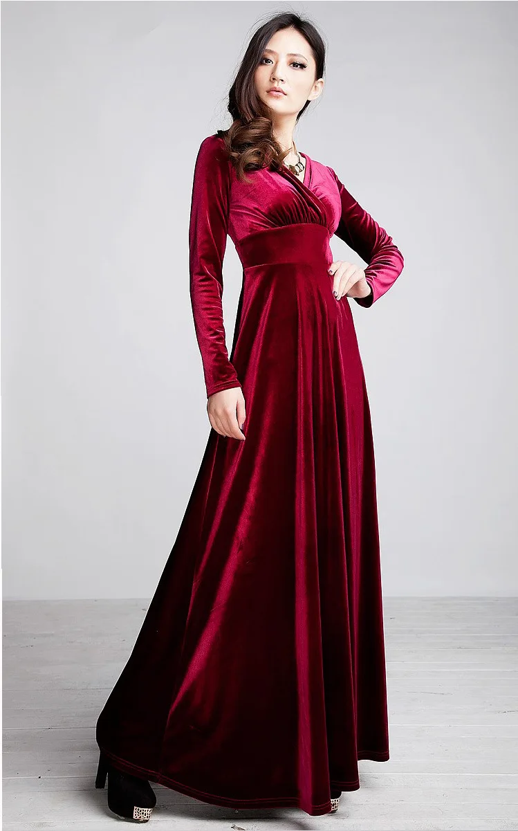 red velvet long sleeve maxi dress