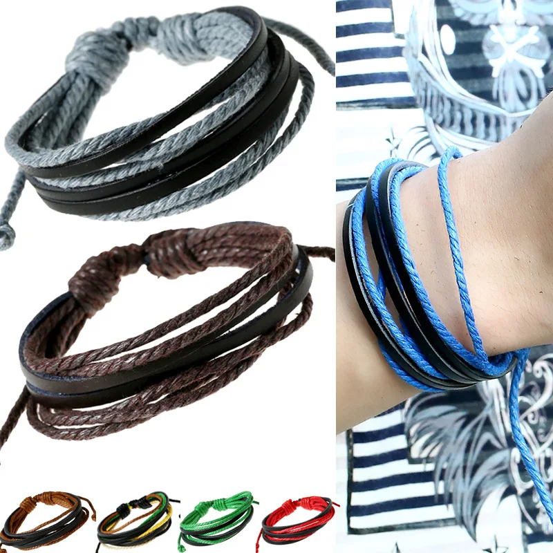 

2 Pcs/Lot Sale Vintage Hand Made Leather Wrap Bracelets Rope Black Multi-Strand Braclets For Men Women Pulceras Mujer Spikes