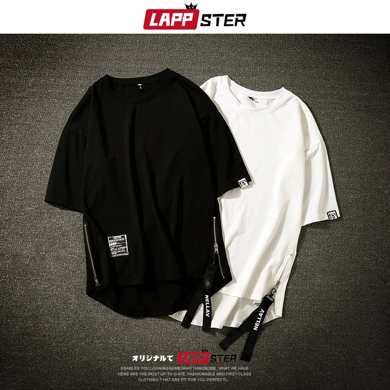 LAPPSTER Men Japanese Streetwear Black T Shirts Funny Summer Ribbon Zipper Hip Hop Tshirt Mens Harajuku T-shirt Plus Size