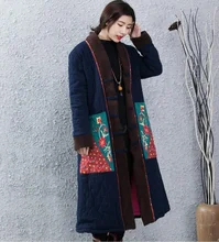 Women Retro Outerwear Long Jackets Chinese Tradition Cotton-Padded Trench Coat Linen Cotton Padded Maxi Long Coats Parka Loose