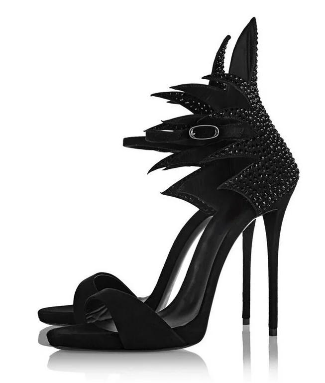 

Party Queen Fire Pattern Crystal Embellished Sandals Low Platform Ankle Buckle Cut Out Cover Heel Suede Crystal Decor Sandals