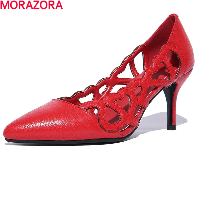 

MORAZORA fashion party spring autumn elegant Hollow shoes woman high heels pointed toe genuine leather women size 34-39
