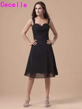 

Short Knee Length A-line Black Chiffon Informal Bridesmaids Dresses With Straps Casual Wedding Party Dresses Little Black Dress