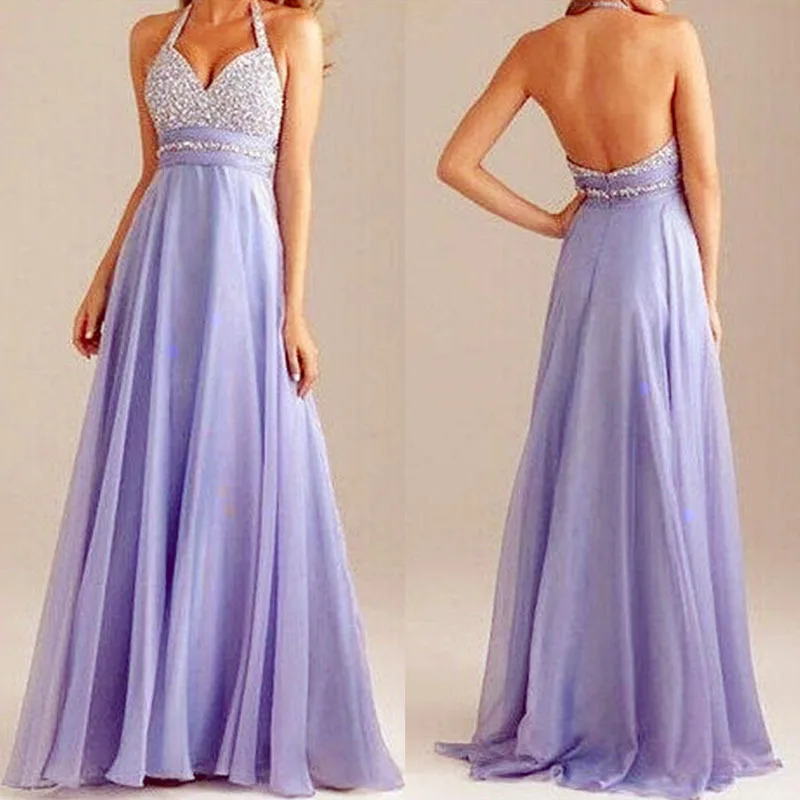 

Beaded Pearls Backless Prom Gowns Crystal Sashes A-line Evening Gala Dress Chiffon Spaghetti Halter Sleeveless Prom Gowns 2018