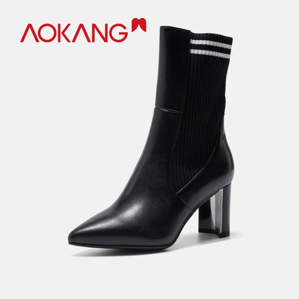 

AOKANG New Arrival Women boots Shoes genuine leather stretch fabric knitted zipper female Shoes thick high heel ladies Shoes