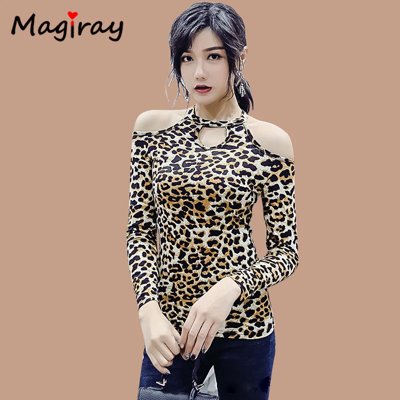 

Magiray Long Sleeve Sexy Cold Shoulder T Shirt Women Keyhole Cut Halter Leopard Print Black White Red Club Neck Plus Size Top 64