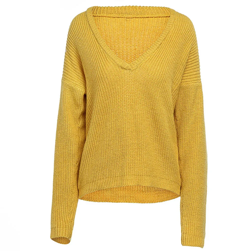 Осенний пуловер; Для женщин Повседневное глубокий v-образный вырез вязаный свитер джемпер Топы, пуловер с длинными рукавами зимние топы для Для женщин свитера