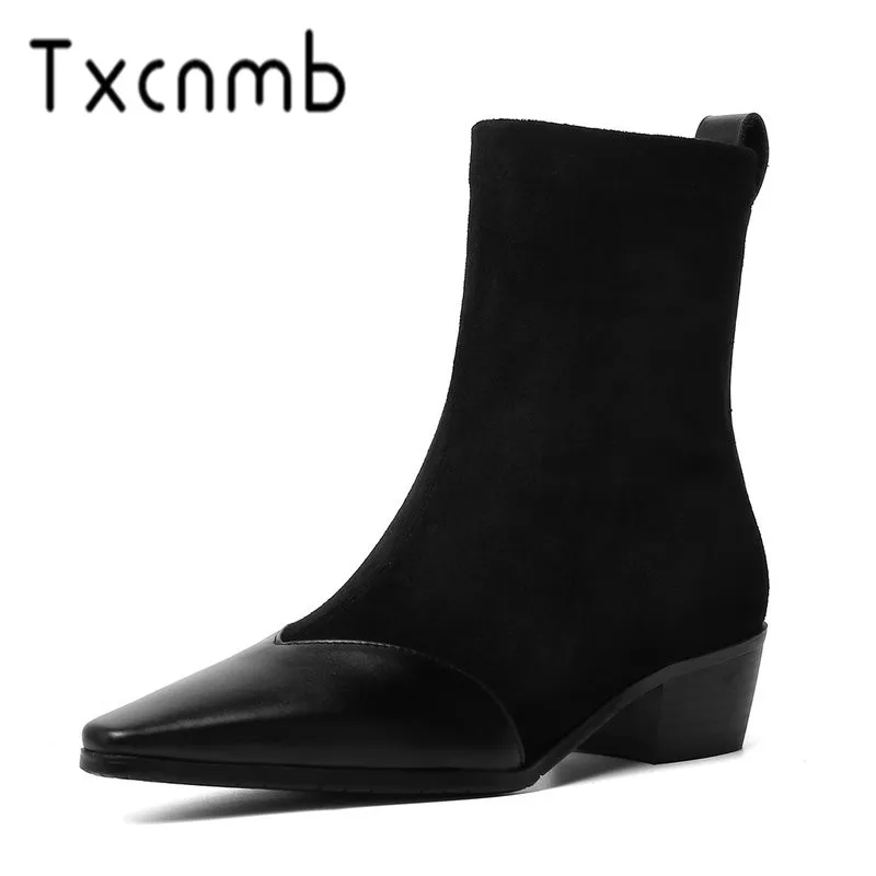 

TXCNMB Boots Women Genuine Leather Ankle Boots for Women Heels Pointed Toe Chelsea Boots Female Spring Autumn Shoes Women