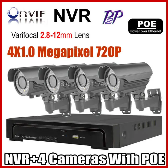 4pcs 1.0MP 720P varifocal 2.8-12mm lens IP Cameras+4CH Onvif  48V Real PoE NVR for CCTV Security System Recorder HDMI NVR Kits