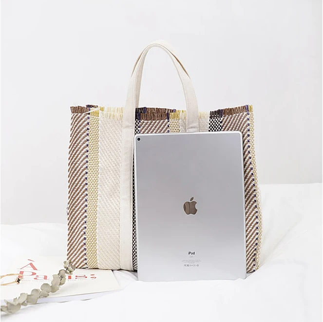المعتاد كبير حمل حقيبة للنساء النسيج مخطط نمط رداء علوي غير رسمي-مقبض حقيبة 2019 الترفيه كبيرة الخطط لقيعان البحار الصيف الشاطئ مفتوحة يد