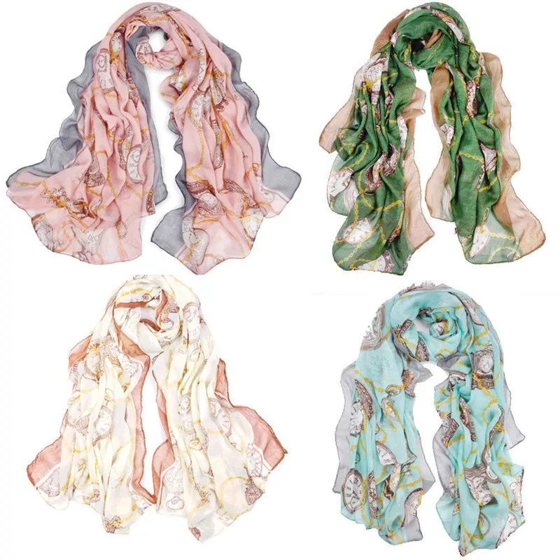 

Hot Sale 2018 New Women Scarf Spring Summer Autumn Scarves Shawls And Wraps Fashion Lady Beach Long Retro Clock Pattern Scarf