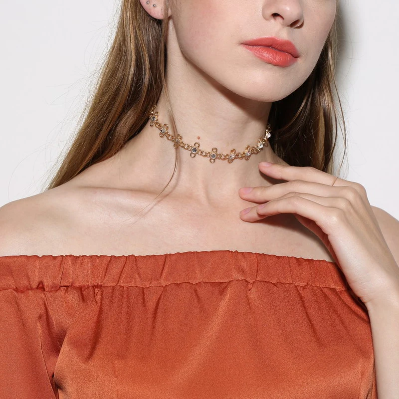 

Ingesight.Z Bohemia Glass Crystal Alloy Flowers Link Chain Choker Necklace Fashion Light Yellow Gold Color Neck Collar Jewelry