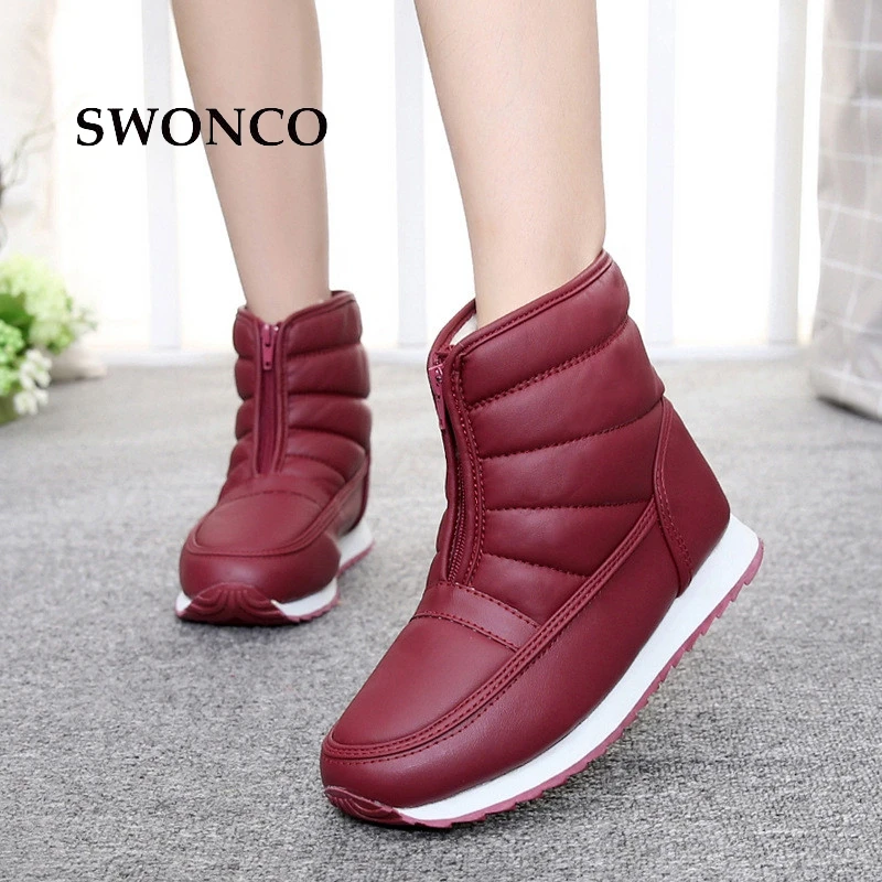

SWONCO Women Winter Boots 2018 PU Leather Warm Wool Snow Boot Waterproof Shoes Woman Ankle Boots For Women Flat Fur Ladies Boot