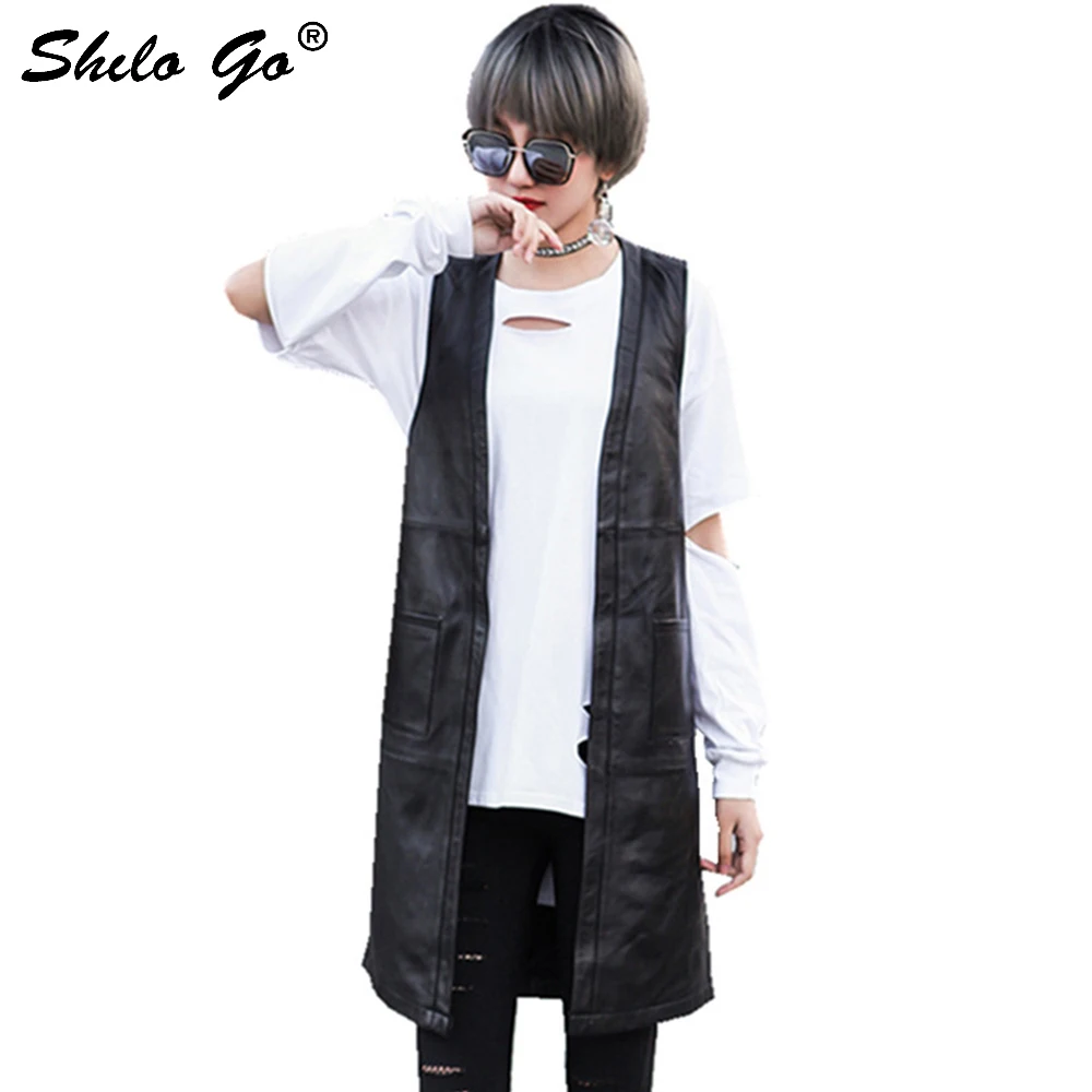 

SHILO GO Leather Vest Womens Spring Fashion sheepskin genuine leather Ves V Neck side pocket concise loose long Vest