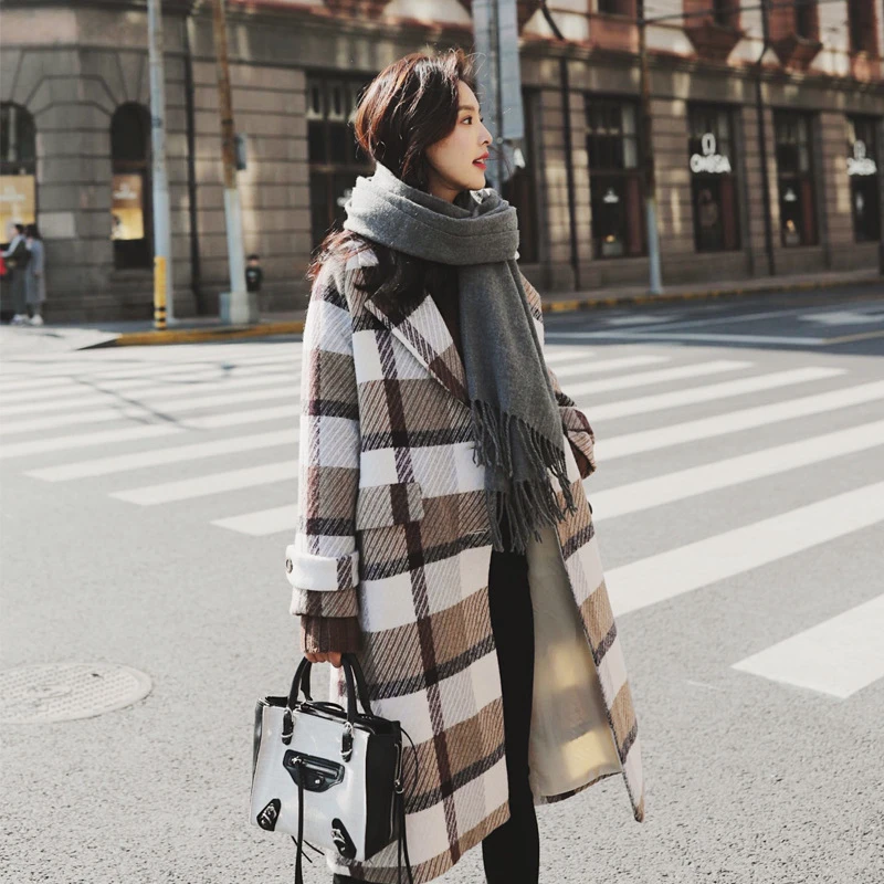 2018 nueva primavera a cuadros abrigo de de lana gruesa de las mujeres la longitud de la rodilla abrigo de ropa exterior femenina|Lana y mezclas| -