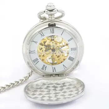 

H109 Brand New Antique Style SILVER Double Open Skeleton hand wind up Pocket Watch W/Chain Mechanical Pocket Watch for men