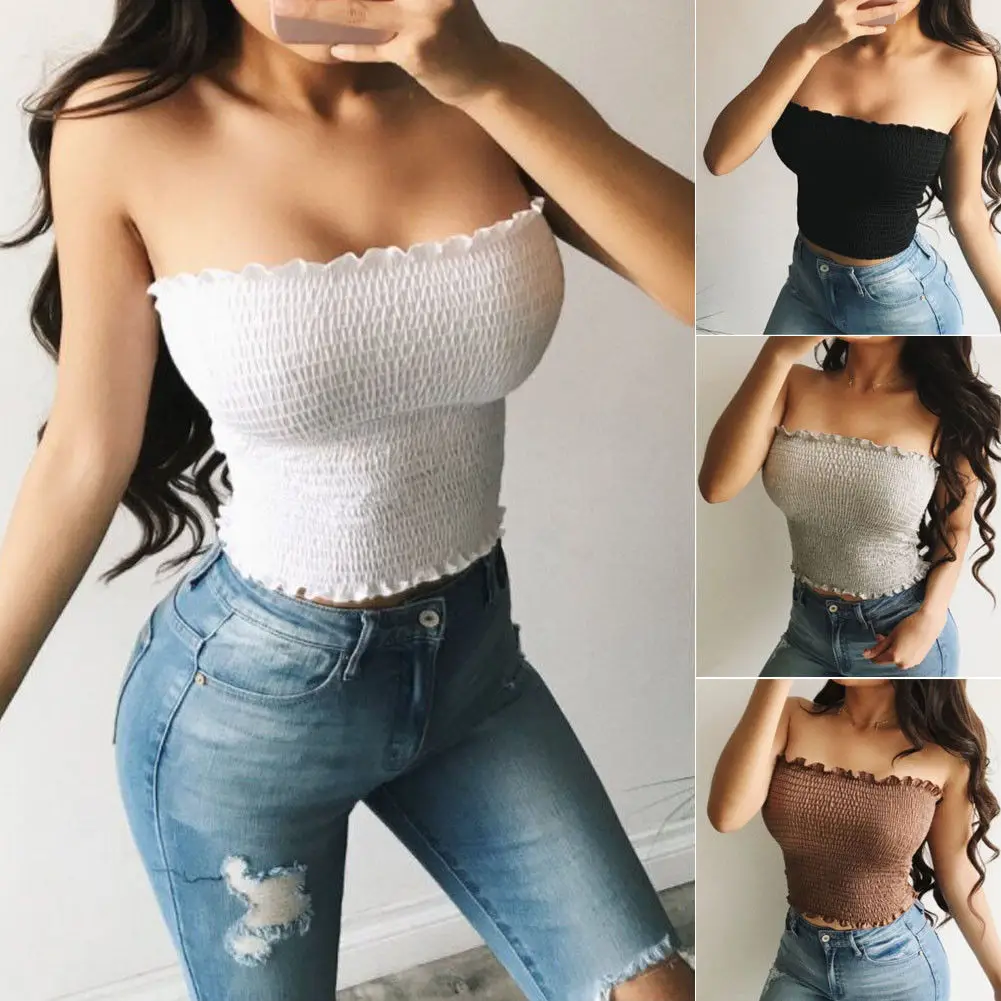 Women Sheering Boob Tube Tank Tops Lady Girls Strapless Bandeau Ladies 