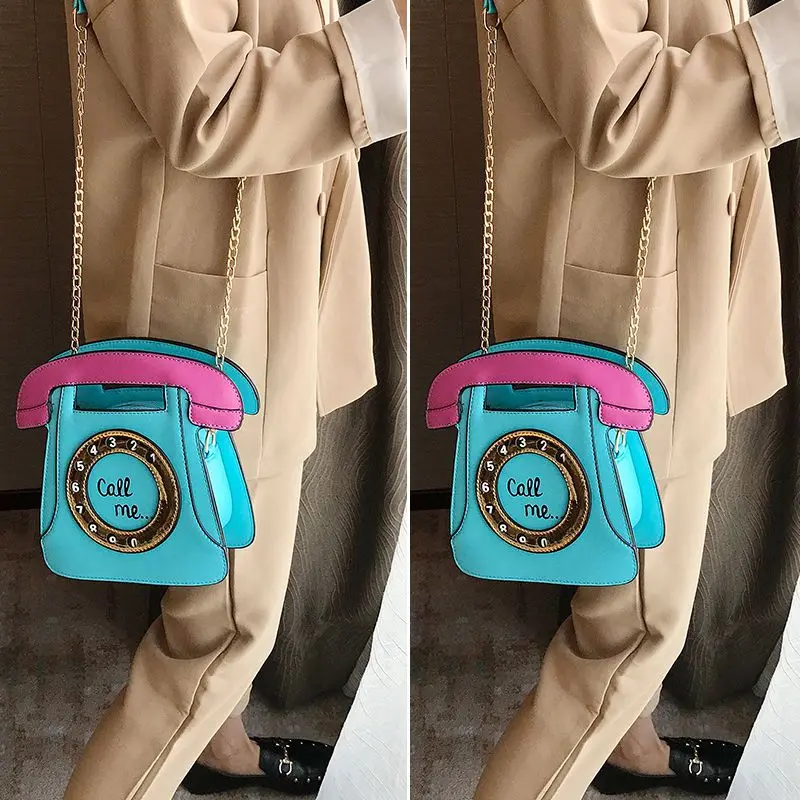 ABDB Telephone Shaped Women Retro Cross Body Bag PU Leather Clutch Purse Chain Bag