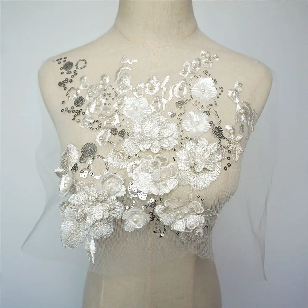 

White Fabric 3D Flowers Beads Sequins Appliques Embroidery Lace Trims Mesh Sew On Patch For Wedding Evening Dress Decoration DIY