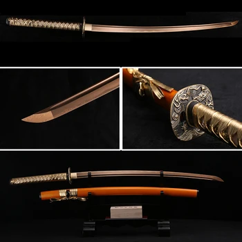 

Handmade Full Tang Japanese Katana Gold Damascus Folded Steel Real Samurai Sword Sharp Edge Orange Sheath
