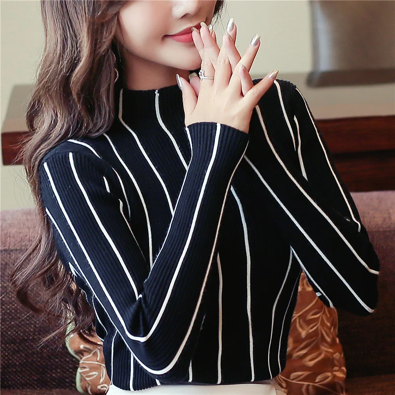 sweaters fashion 2018 women autumn long sleeve pullovers sweaters slim striped turtleneck knitted sweater women clothes