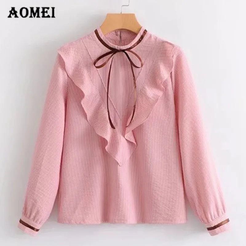 

Women Shirts Ruffled with Bowtie O Neck Blouse Cute Striped Lolita Girl Fashion New Spring Summer Pink Tops Blusas Preppy Style