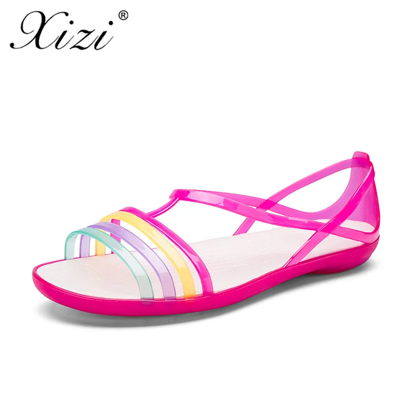 

XIZI Sandals 2018hot new summer candy color women's shoes open toe lace beach Valentine's rainbow jelly shoes women's flat shoes