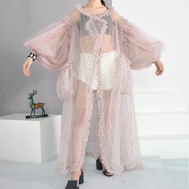 2018 New Summer Women Stylish V-Collar Dot Printed Long Shirts Full Casual Big Size Lantern Sleeve Pockets Organza Blouses Blouses