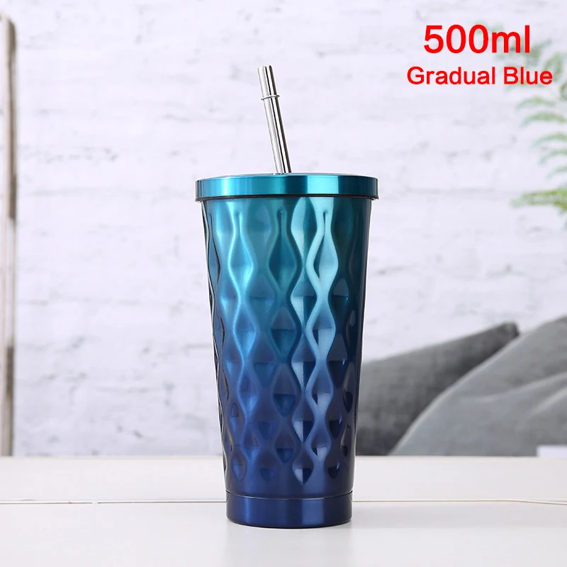 Термосы 600 мл, термос с смешной градиентной цветной изоляцией, Термокружка для кофе в машину, бутылка для напитков для кофе с соломинкой - Цвет: Blue 00243
