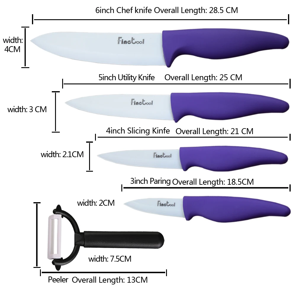 Профессиональные Кухонные ножи 5 шт 3 4 5 6 дюймов из чистой керамики набор ножей+ Овощечистка белый цирконий лезвие фиолетовый цвет ручка+ ножницы