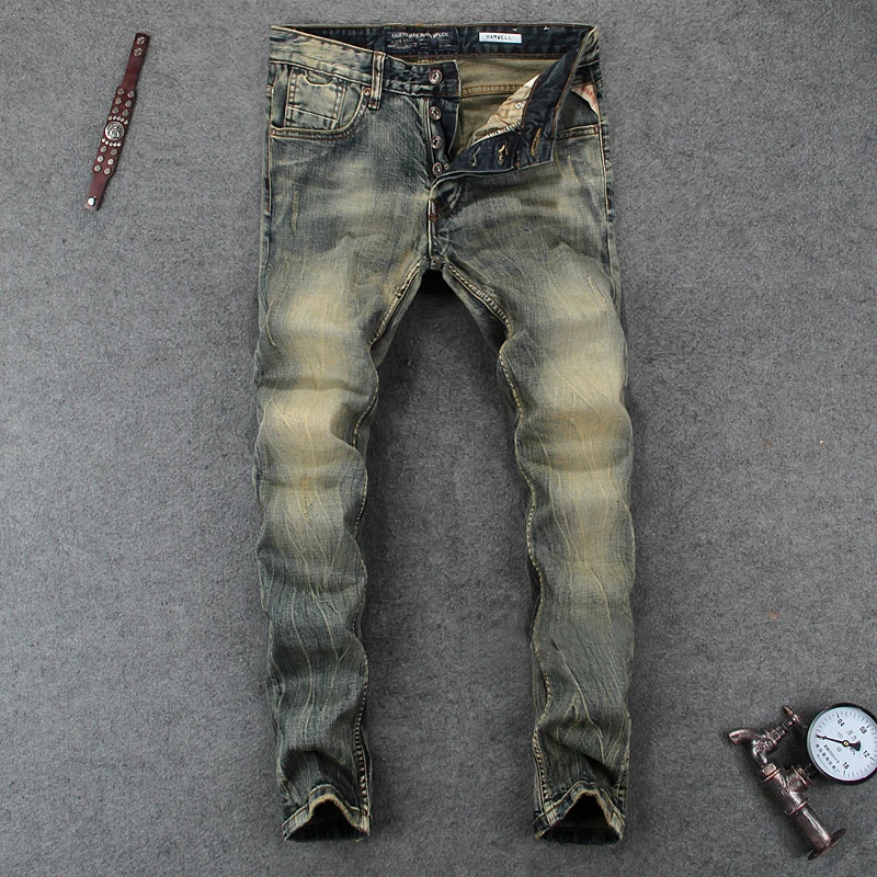 Italian Style Men Jeans Fashion Retro Denim Long Buttons Pants Slim Fit