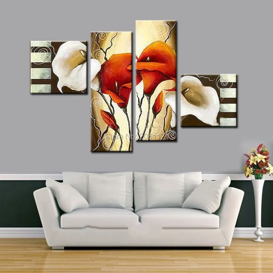 

100% Hand painted HOME DECOR SOFA background YELLOW RED flowers landscape Oil Painting canvas ART 5pcs/set PICTURE Present