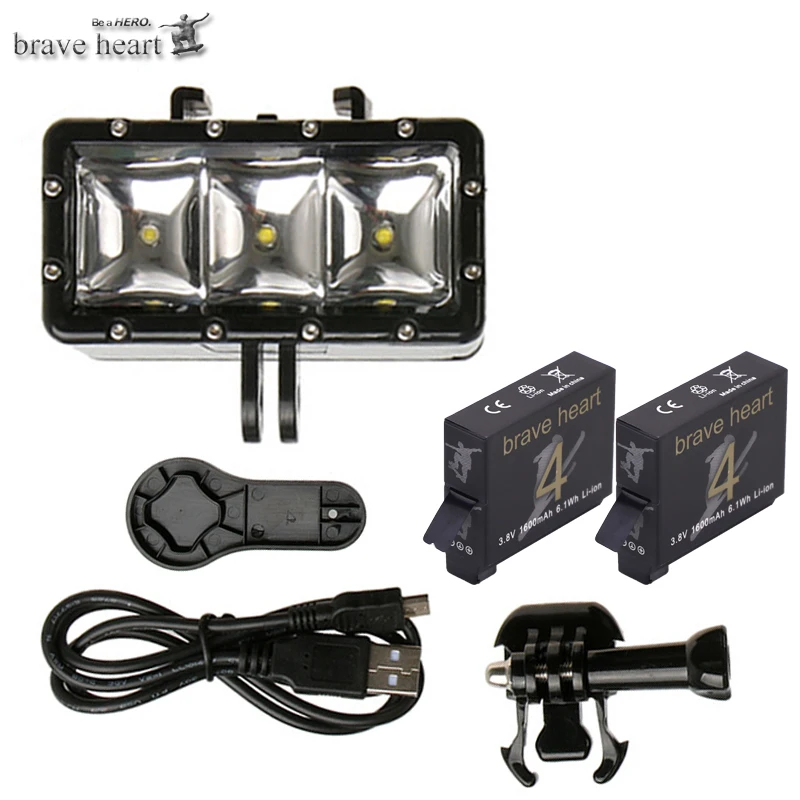 

brave heart hero4 battery Underwater Diving LED flash Light For GoPro Go pro Hero 5 4 3 SJCAM sj4000 Xiaomi Yi Accessories
