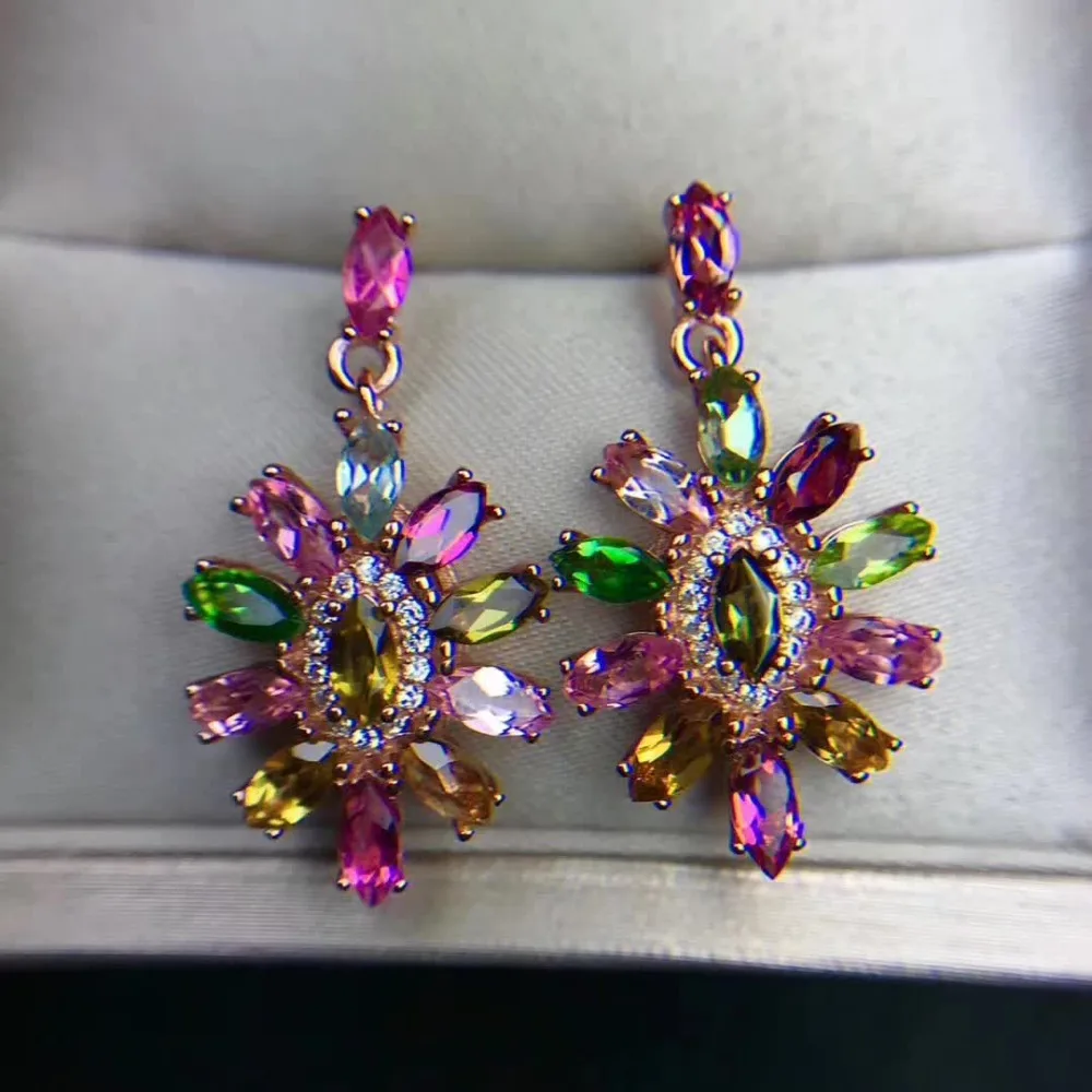 Natural Multicolor tourmaline personality Sunflower drop earrings 925 ...