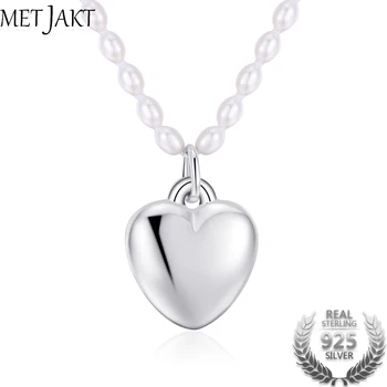 

MetJakt Trendy 18 Inch Natural Freshwater Pearl Necklace Solid 925 Sterling Silver Silver Heart Pendant for Women luxury Jewelry