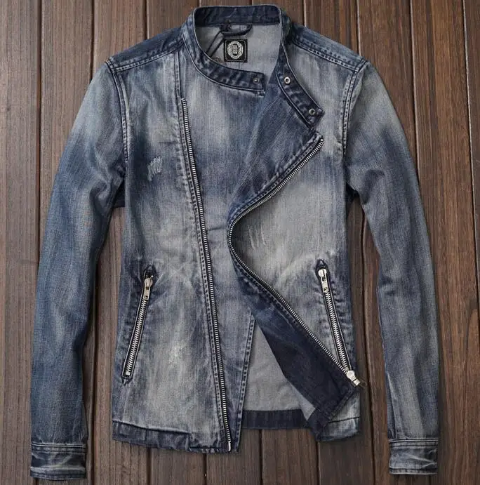 

Men's Zipper Motorcycle Biker Denim Jacket Stand Collar Retro Slim Fit Young Man Jeans Coat Washed High Quality