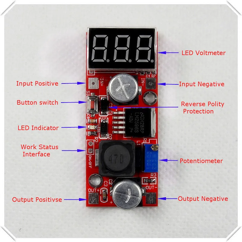 

LM2596 DC-DC Adjustable Step-Down Power Supply Module buck converter LED display Voltmeter/ Button Switch [5 piece/lot]